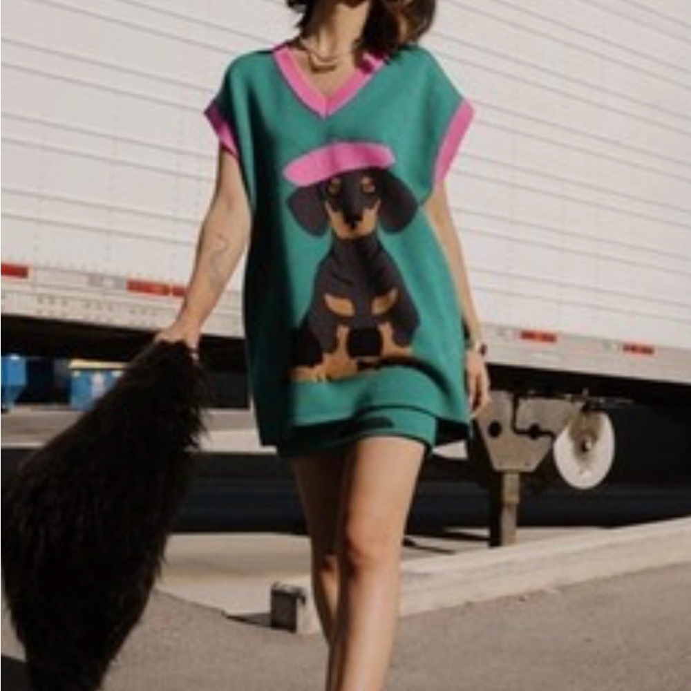 Dressed in LALA Green and Pink V-Neck Sweater Vest with Dachshund Graphic